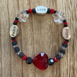 LuckyLu Love Peace Hope Beaded Stackable Bracelet Elastic Bag Charm Black Red